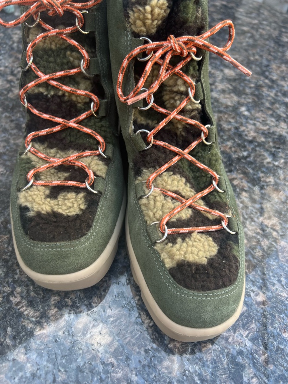 Bernardo Olive Suede & Shearling Lace-Up Boots with Orange Laces